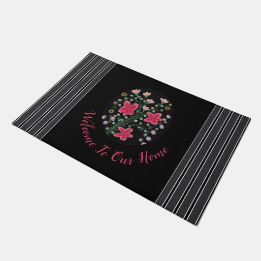 Zwart Donkergrijs en Fuchsia Flowered Accent Deurmat (Schuin)