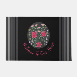 Zwart Donkergrijs en Fuchsia Flowered Accent Deurmat