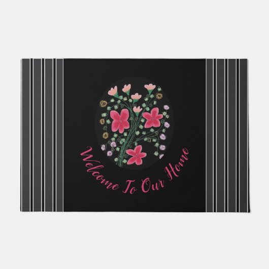 Zwart Donkergrijs en Fuchsia Flowered Accent Deurmat (Voorkant)