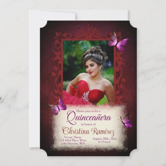 Zwart, Donkerrood, Violet Vlinders Quinceanera Kaart (Voorkant)