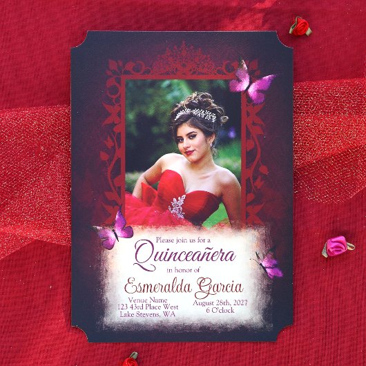 Zwart, Donkerrood, Violet Vlinders Quinceanera Kaart
