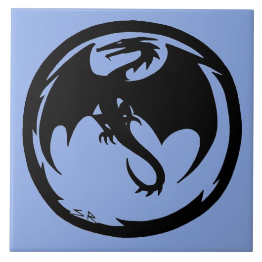 Zwart dragon Blauw groot tegel Tegeltje (Voorkant)