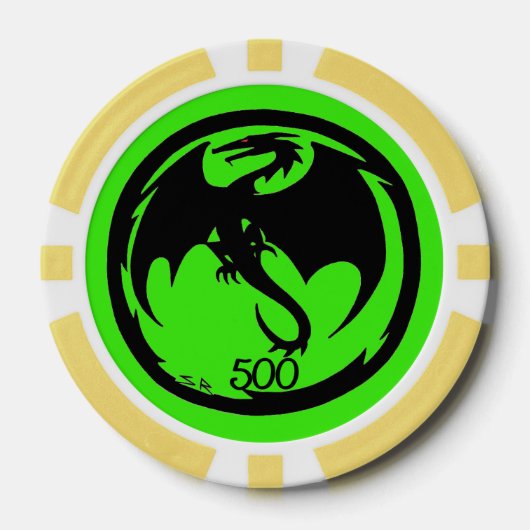 Zwart Dragon groen geel 500 gestreepte poker chip (Voorkant)
