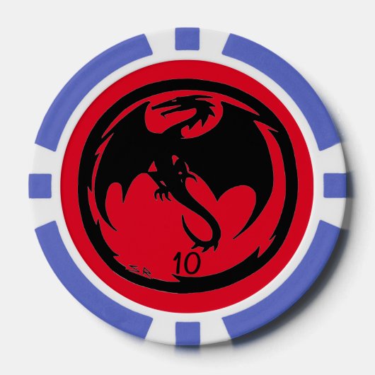 Zwart Dragon rood blauw 10 gestreepte poker chip (Voorkant)