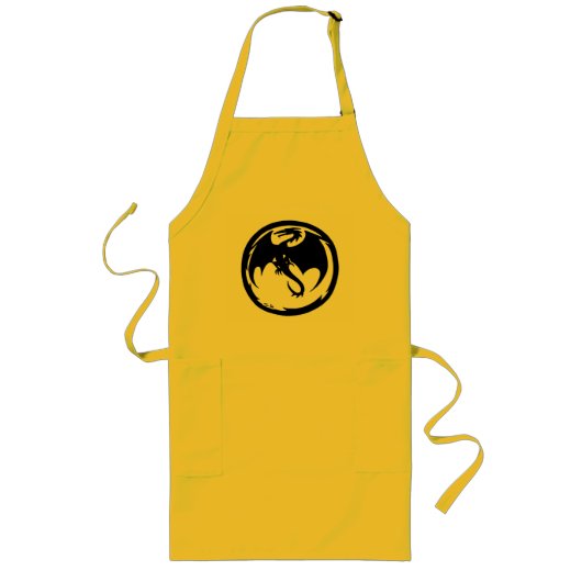 Zwart drakenlang gele chefapron lang schort (Voorkant)