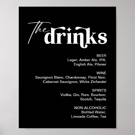 Zwart drankmenu trouwbar bord poster (Voorkant)