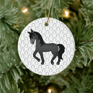 Zwart Dravend Paard Mooie Cartoon Illustratie Keramisch Ornament