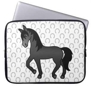 Zwart Dravend Paard Mooie Cartoon Illustratie Laptop Sleeve