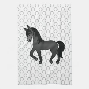 Zwart Dravend Paard Mooie Cartoon Illustratie Theedoek