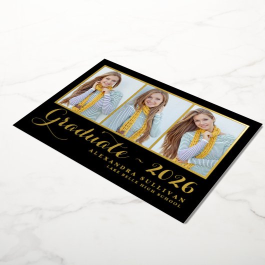 Zwart Drie Foto Collage Afstuderen Goud Folie Uitnodiging (Gedraaid)