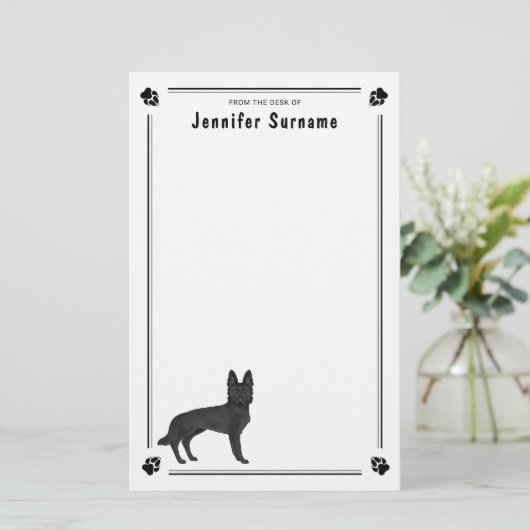 Zwart Duits Herder GSD Hond Met Aangepaste Tekst Briefpapier (Staand voorkant)