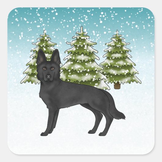 Zwart Duits Herder Hond Blauw Groen Winterbos Vierkante Sticker (Voorkant)