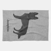 Zwart Duits Herder Hond En Custom Naam Grijs Theedoek (Horizontaal)