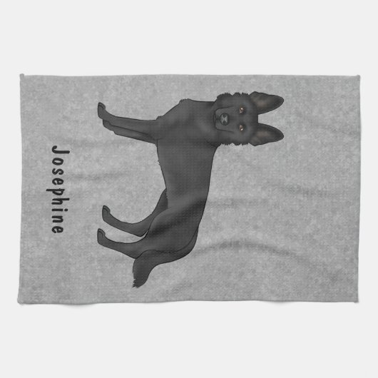 Zwart Duits Herder Hond En Custom Naam Grijs Theedoek (Horizontaal)