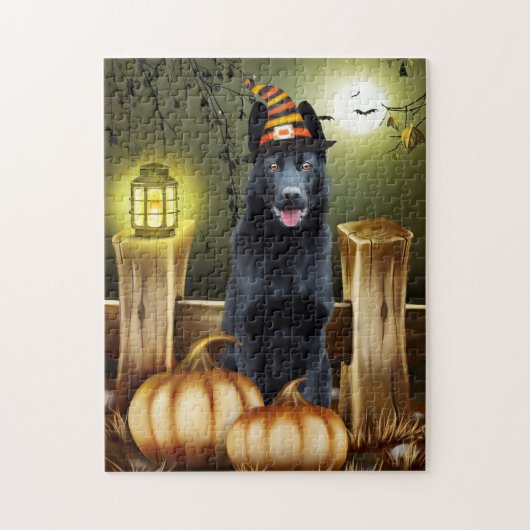 Zwart Duits Herder Hond Heks Pet Halloween Legpuzzel (Verticaal)
