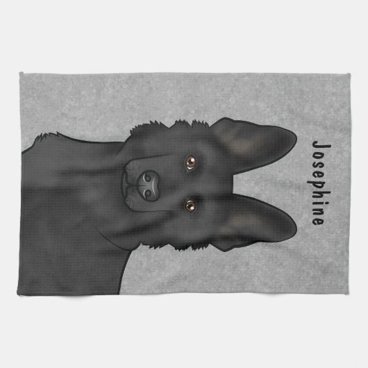 Zwart Duits Herder Hond Hoofd En Naam Grijs Theedoek (Horizontaal)