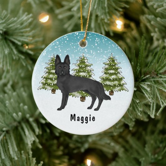 Zwart Duits Herder Hond Kerstmis Winter Bos Keramisch Ornament (Boom)