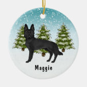 Zwart Duits Herder Hond Kerstmis Winter Bos Keramisch Ornament (Voorkant)