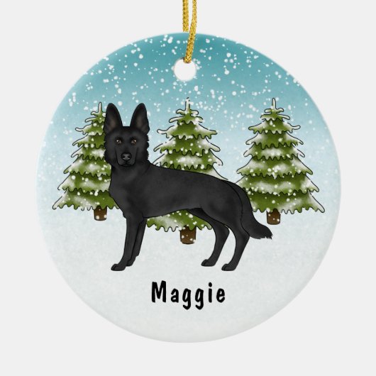 Zwart Duits Herder Hond Kerstmis Winter Bos Keramisch Ornament (Voorkant)
