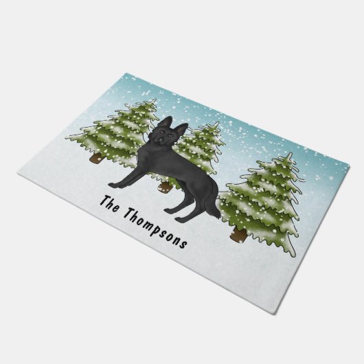 Zwart Duits Herder Hond Winterbos met naam Deurmat (Schuin)