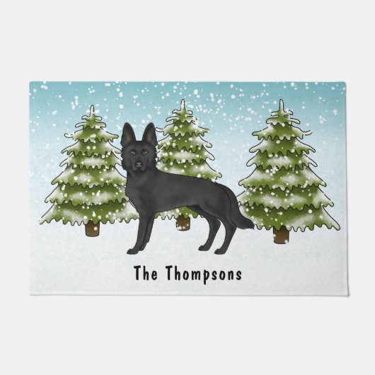 Zwart Duits Herder Hond Winterbos met naam Deurmat (Voorkant)
