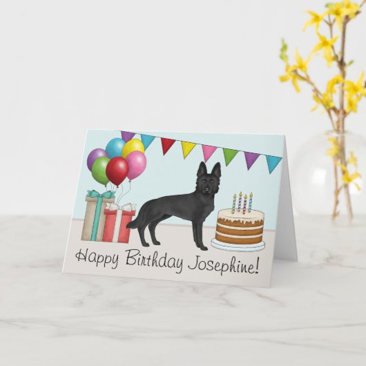 Zwart Duits Herder Kleurrijke Gelukkige Verjaardag Kaart (Gele Bloem)