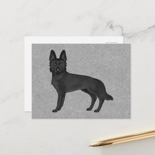 Zwart Duits Herder Schattige Cartoon GSD Dog Grey Briefkaart (Voorkant / Achterkant in situ)
