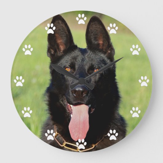 Zwart-Duitse Shepherd Dog - GSD Puppy Paw Print Grote Klok (Voorkant)
