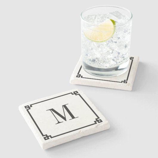 Zwart Dun Grieks Key Border Monogram Stenen Onderzetter (Zijkant)