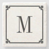 Zwart Dun Grieks Key Border Monogram Stenen Onderzetter (Voorkant)