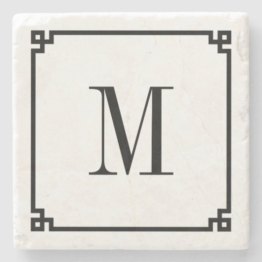 Zwart Dun Grieks Key Border Monogram Stenen Onderzetter (Voorkant)