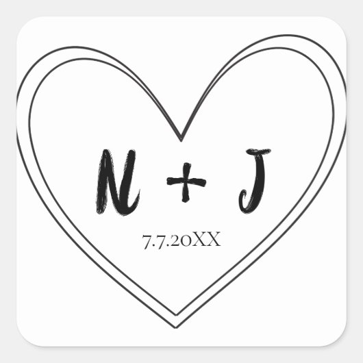 Zwart Dun Hart Gepersonaliseerde Bruiloft Vierkante Sticker (Voorkant)
