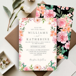 Zwart Dusty Blush Roze & Perzik Bloemen Bruiloft Kaart