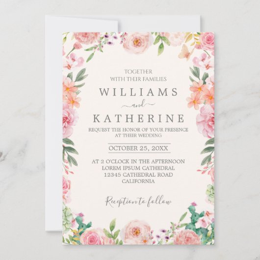 Zwart Dusty Blush Roze & Perzik Bloemen Bruiloft Kaart (Voorkant)