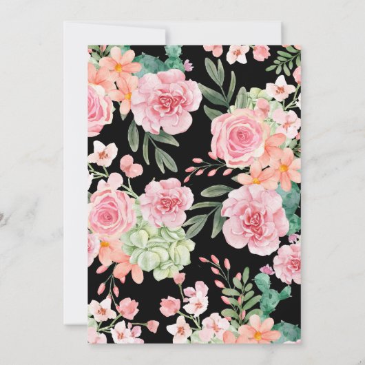 Zwart Dusty Blush Roze & Perzik Bloemen Bruiloft Kaart (Achterkant)