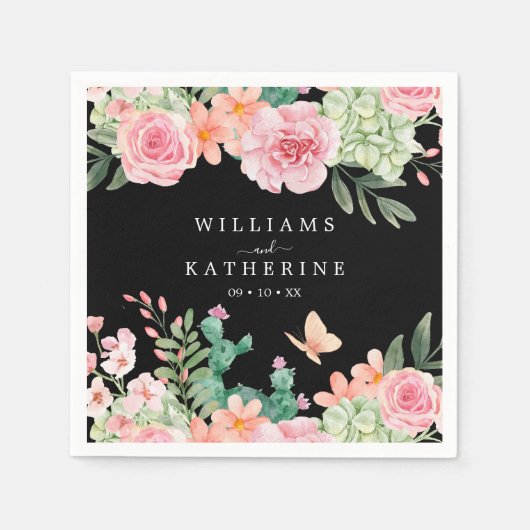 Zwart Dusty Blush Roze & Perzik Bloemen Bruiloft Servet (Voorkant)