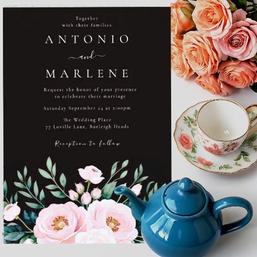 Zwart Dusty Roos Blush Bloemen Herfst Boho Wedding Kaart