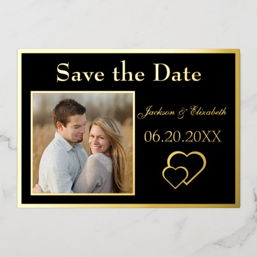 Zwart Echte Folie 2 Foto's Sla de datum bruiloft Uitnodiging (Voorkant)
