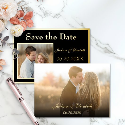 Zwart Echte Folie 2 Foto's Sla de datum bruiloft Uitnodiging
