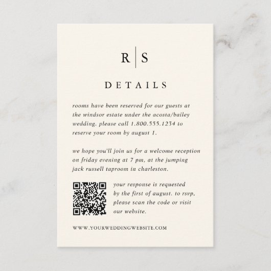 Zwart & Ecru Monogram Bruiloft QR Code Informatiekaartje (Voorkant)