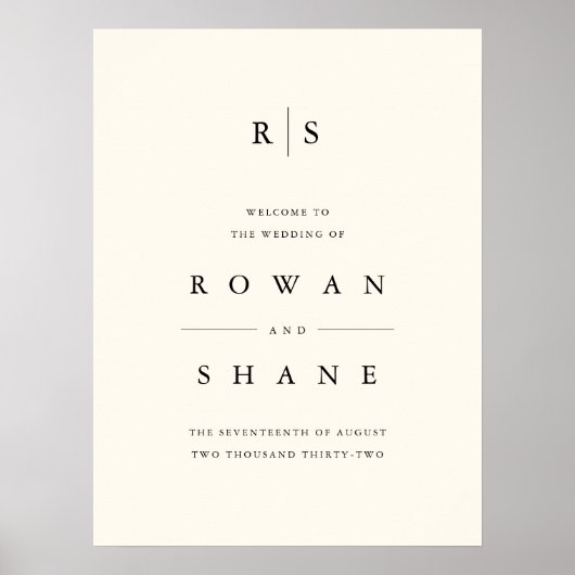 Zwart & Ecru Monogram Bruiloft Welkomstbord Poster (Voorkant)
