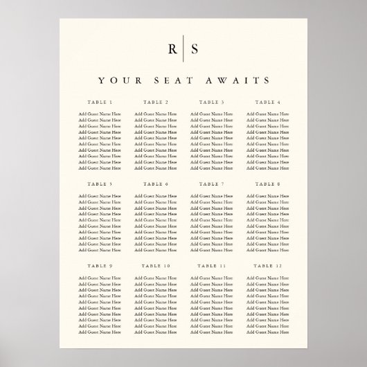 Zwart & Ecru Monogram Bruiloft Zitting Grafiek Poster (Voorkant)