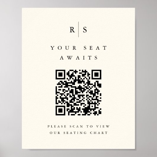 Zwart & Ecru Monogram QR Code Bruiloft Zitting Tek Poster (Voorkant)