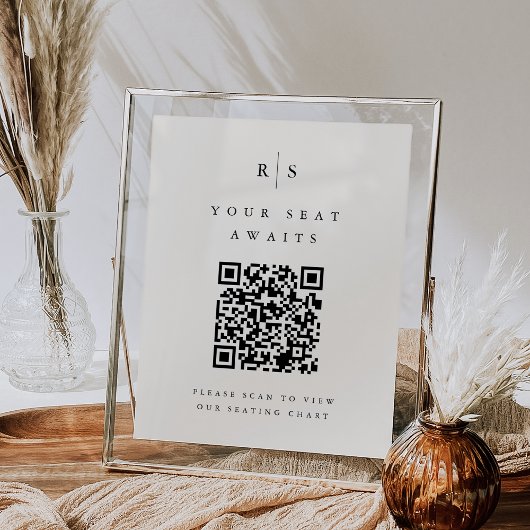 Zwart & Ecru Monogram QR Code Bruiloft Zitting Tek Poster