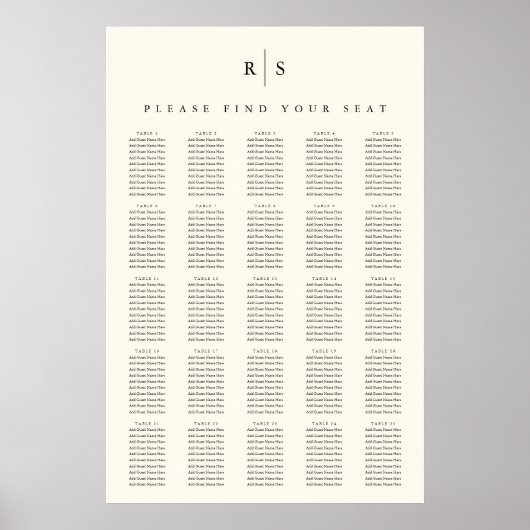 Zwart & Ecru Monogram XL Bruiloft Zitkaarten Poster (Voorkant)