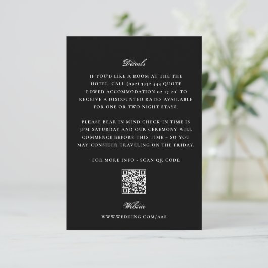 Zwart EDITABLE QR CODE Klassieke legante bruiloft Informatiekaartje (Staand voorkant)