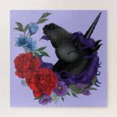 Zwart Eenhoorn Bloemen Paarse Legpuzzel (Horizontaal)