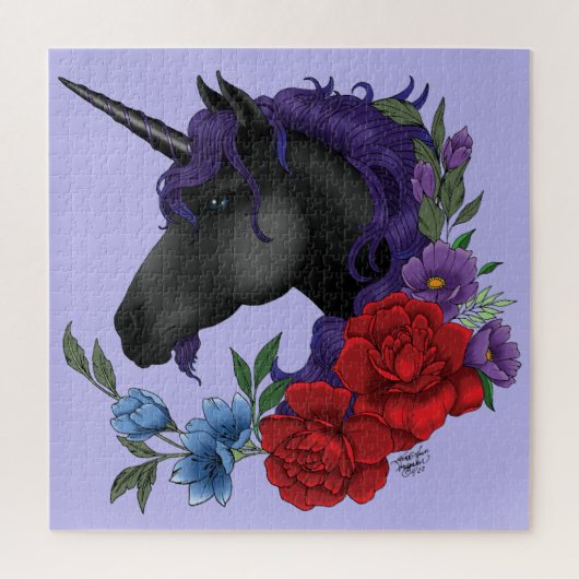 Zwart Eenhoorn Bloemen Paarse Legpuzzel (Verticaal)