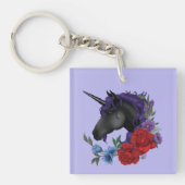 Zwart Eenhoorn Bloemen Paarse Sleutelhanger (Voorkant)