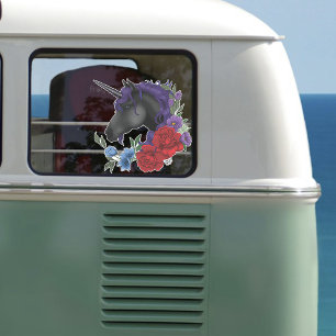 Zwart Eenhoorn Bloemen Paarse Sticker